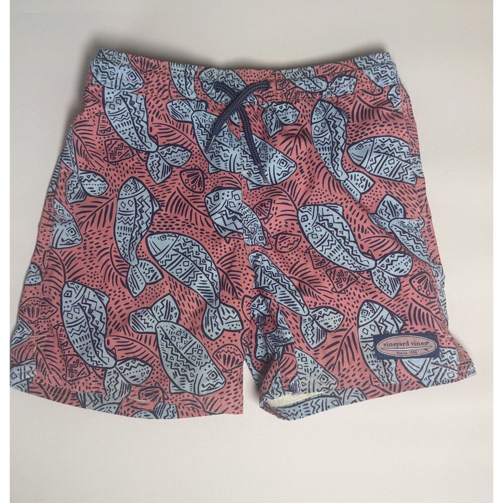 Vineyard Vines Boys Size 7 Fish Print Swim Trunks Coral Blue Board Shorts